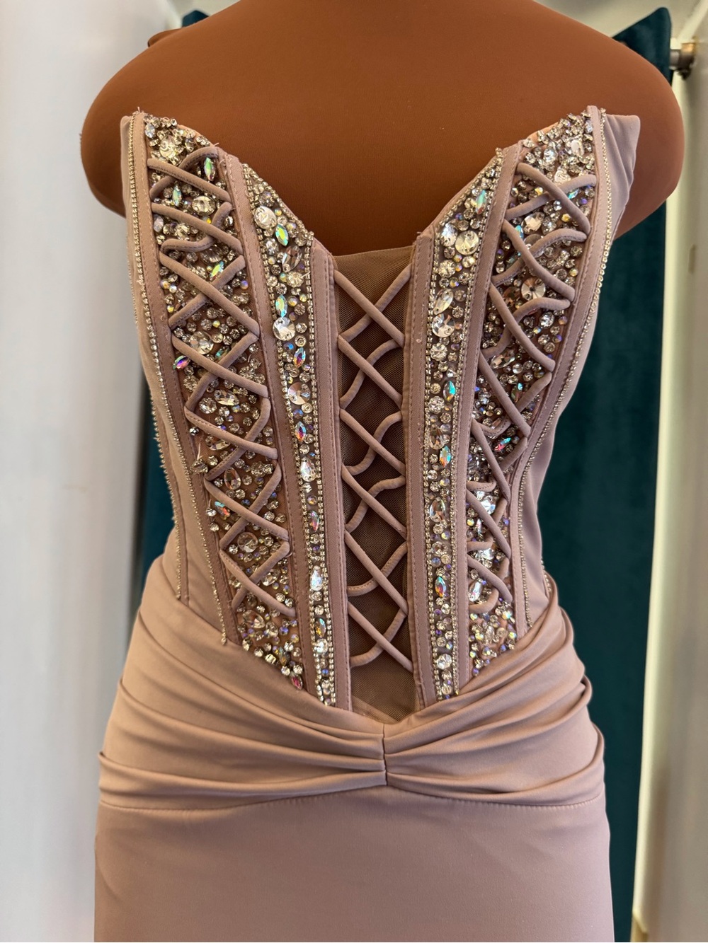 Strapless Embellished Corset Evening Gown in Taupe - Picture 2 of 5